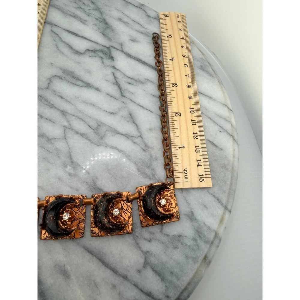 1950s Copper Tone Celestial Bib Necklace Black Confetti Lucite Moons, Whimsigoth - Picture 15 of 15